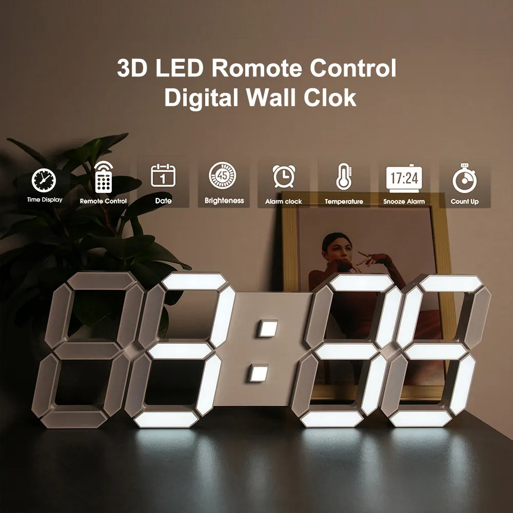 Deeyaple 15inch 3D LED Digital Wall Clock Large Alarm Clock Remote Control Snooze Auto Dimming 12/24H Time Date home decoration